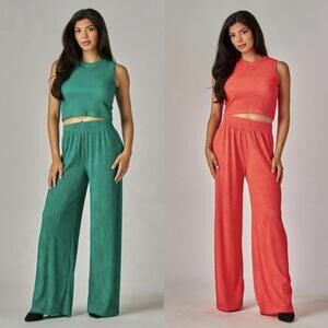 Love Poem Plisse Lounge Set Bundle Small Emerald Green Coral Red Wide Leg 2pc